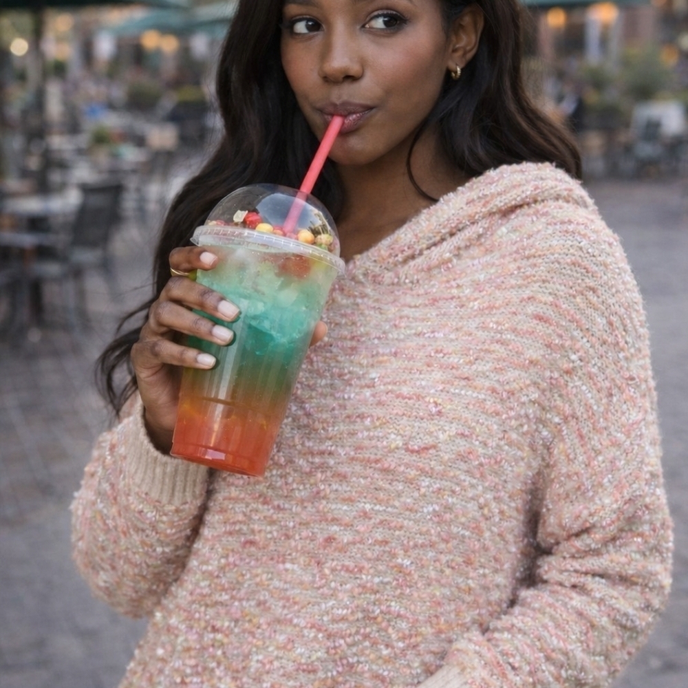 ANDTHEWHY Y2K Textured Hoodie Sweater Pink Cream Chunky Knit Hooded Pullover-S/M